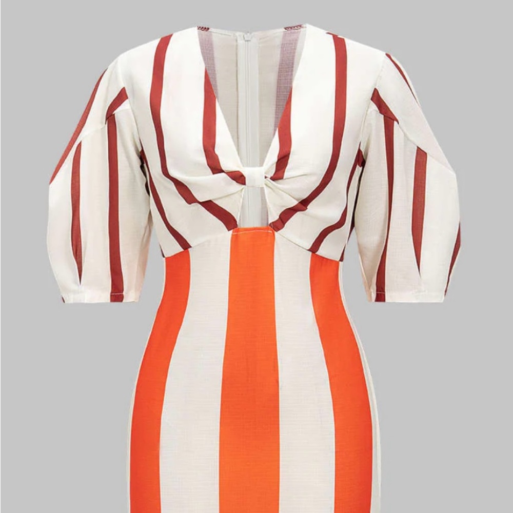 Mica’s Stripes Print Linen Hollow Out Short Sleeve Midi Dress